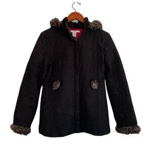 CAbi Plaza Thin Quilted Black Coat Faux Fur Trim, Zip Removable Hood, M